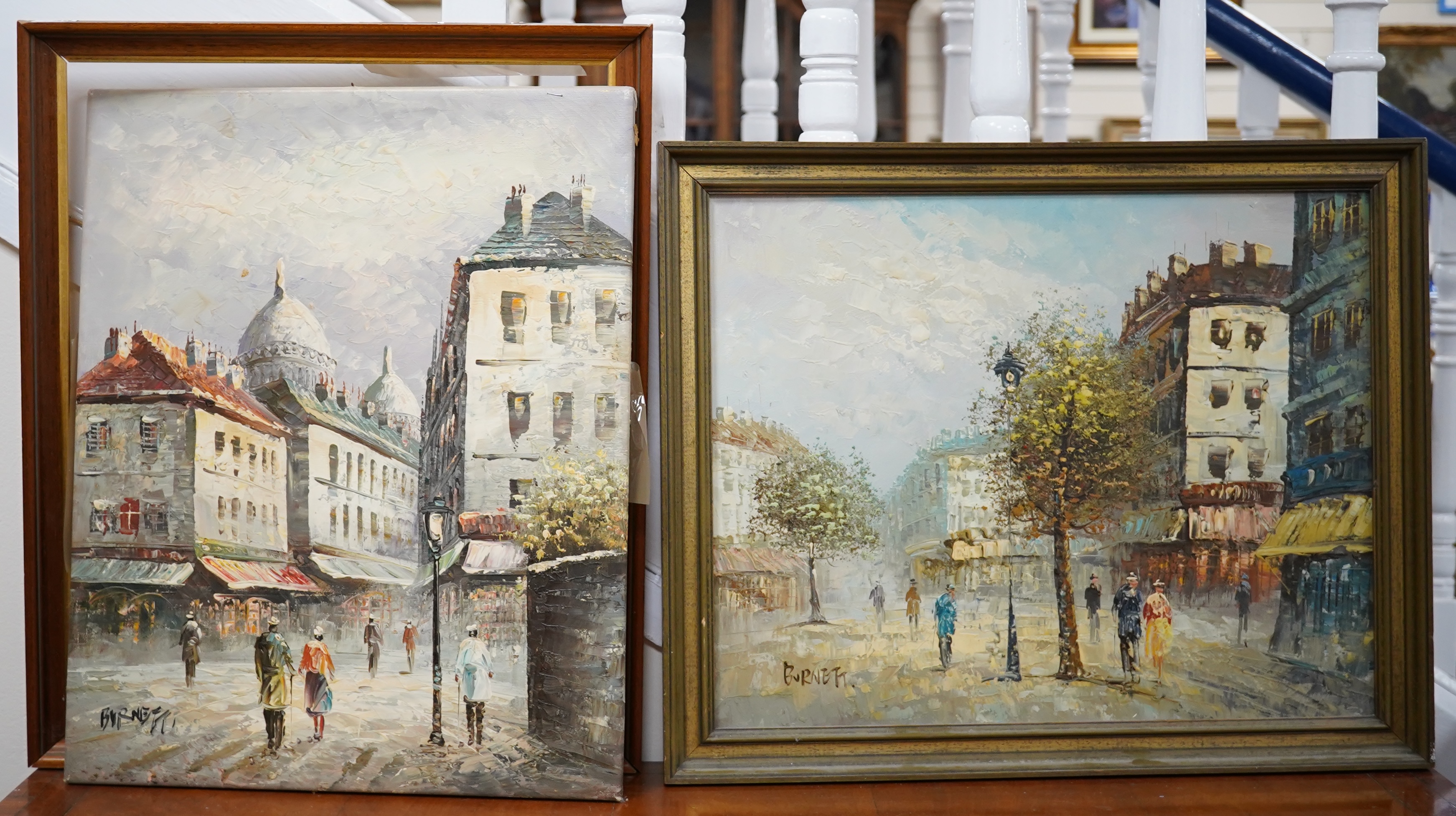 Burnett, two impressionist oils on canvas, Parisian street scenes, each signed, 39 x 49cm. Condition - fair to good, one loose in the frame